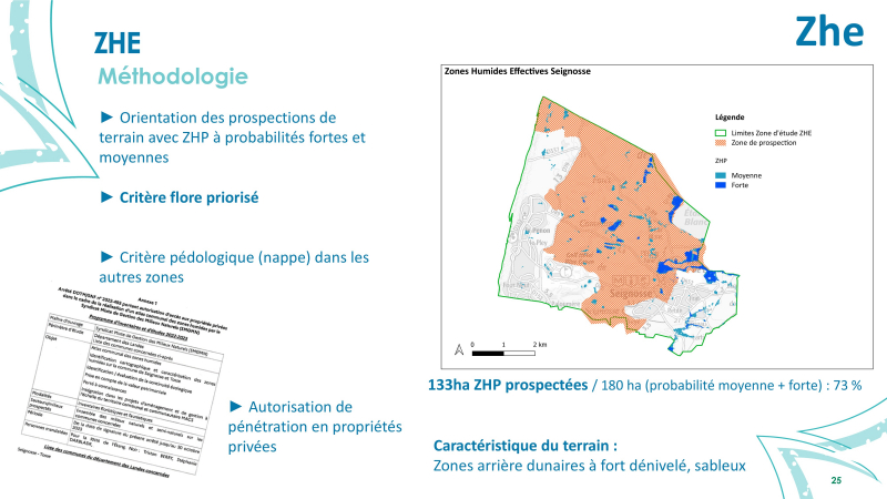 Zone des prospections de terrain pour définir les Zones humides effectives de la commune de Seignosse